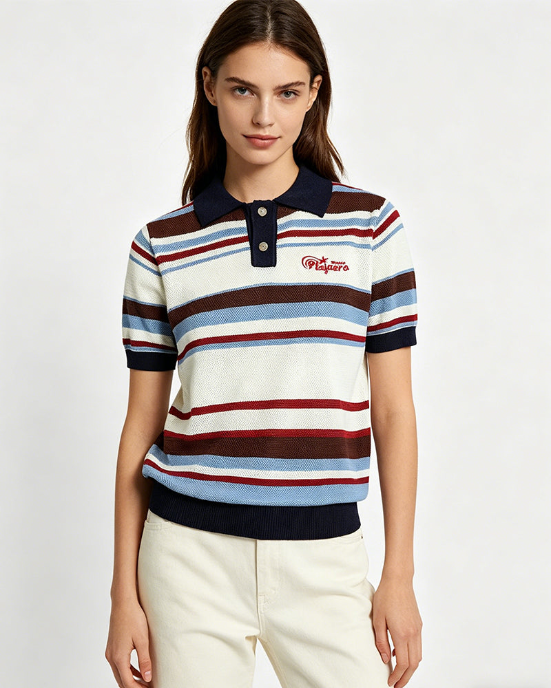 Embroidered striped color-blocked short-sleeved shirt