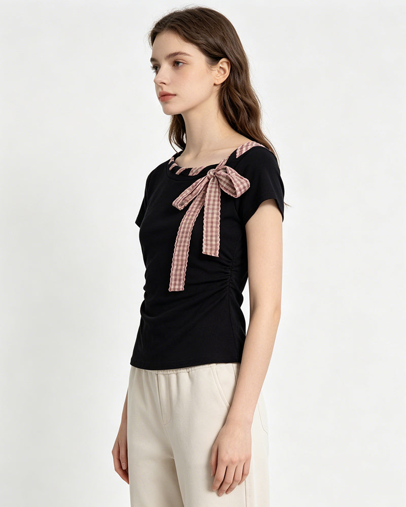 Women's Slim Fit Short-Sleeve T-Shirt with Bow Tie