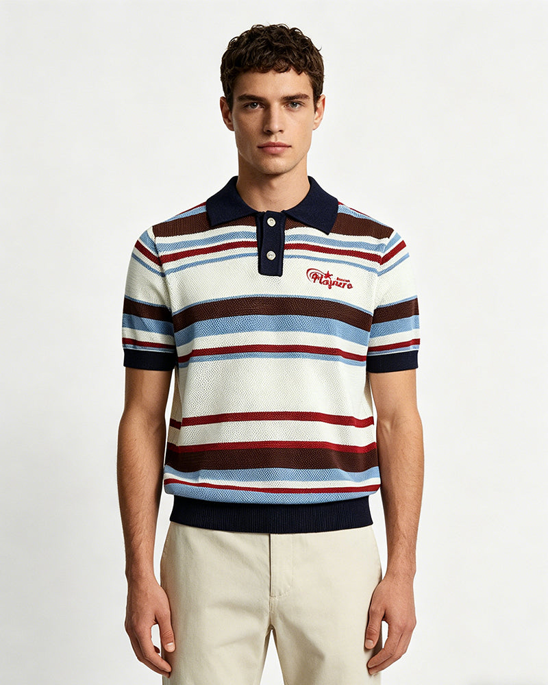 Embroidered striped color-blocked short-sleeved shirt