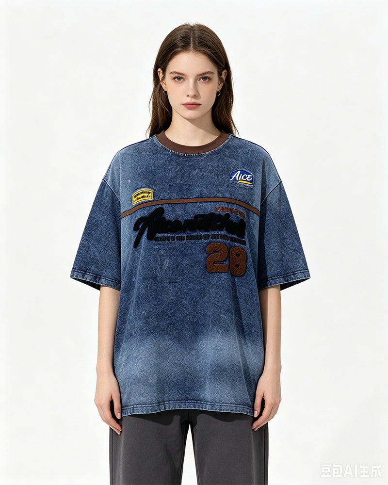 Appliqué Embroidered Denim Short-Sleeve T-Shirt
