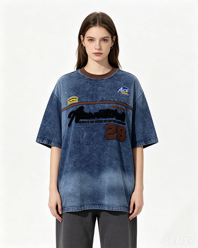 Appliqué Embroidered Denim Short-Sleeve T-Shirt Hover Image