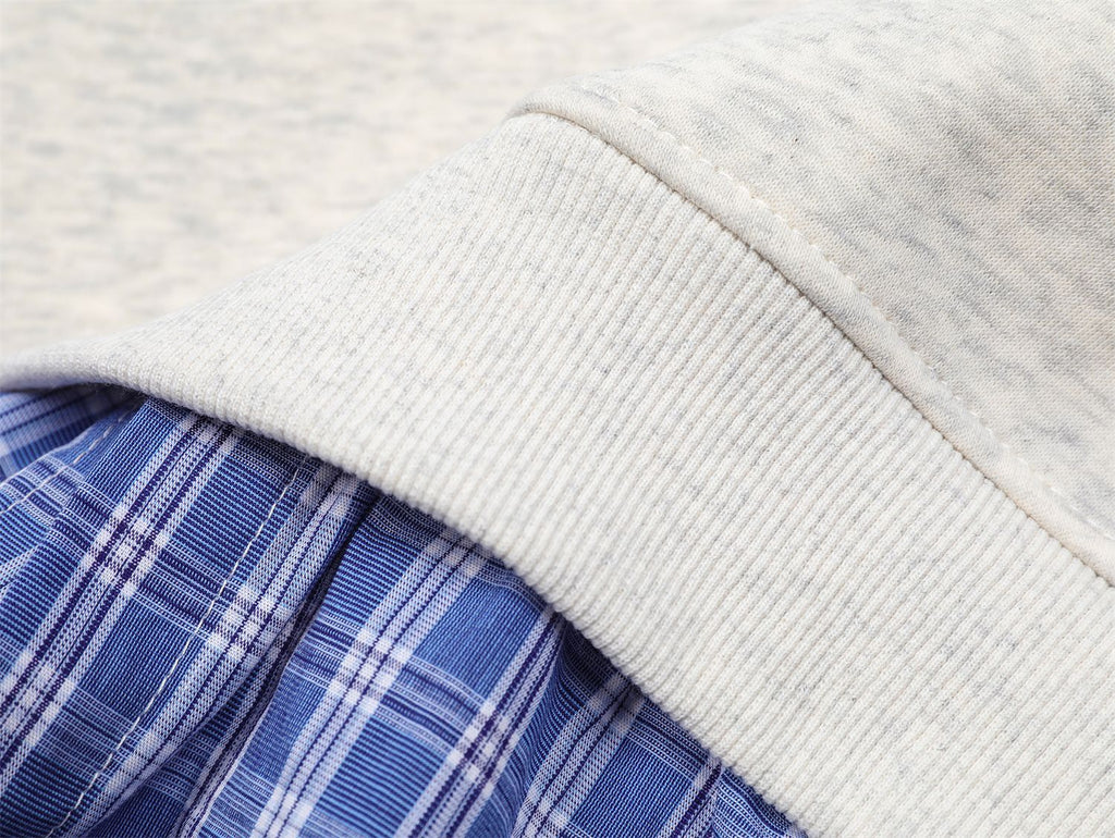 Spliced plaid fake two-piece polo sweatshirt