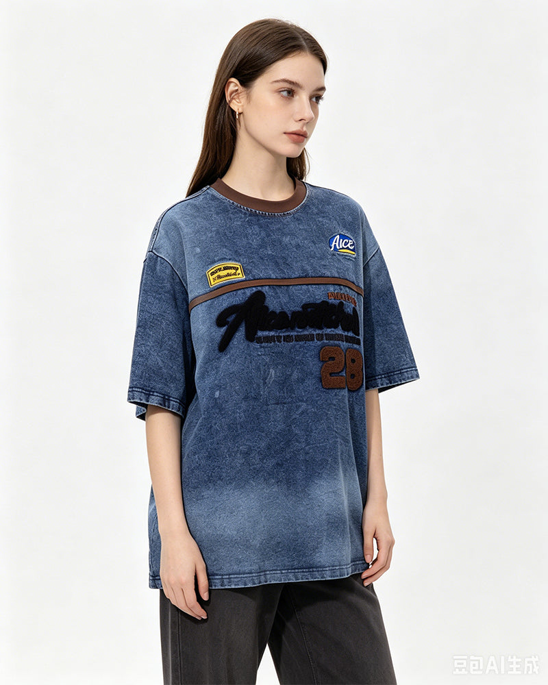 Appliqué Embroidered Denim Short-Sleeve T-Shirt