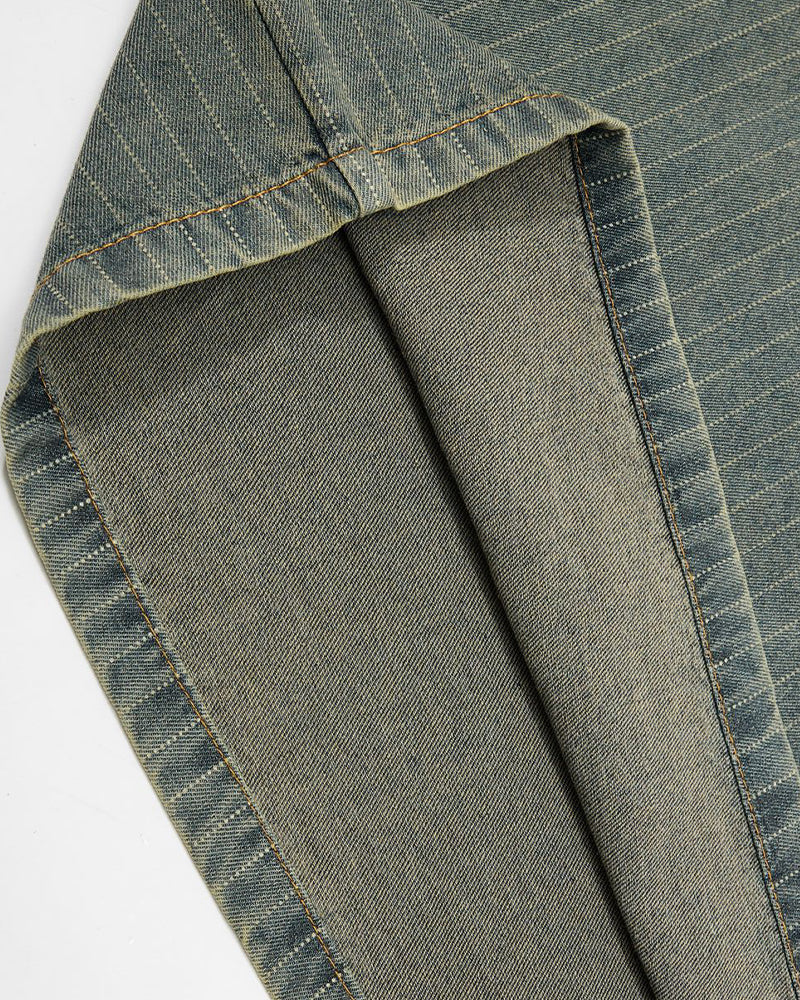 Distressed denim short-sleeved shirt with appliqué