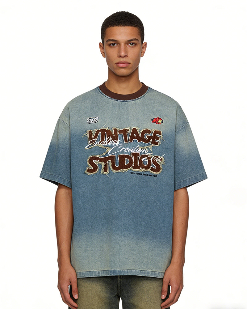 Retro denim short-sleeved shirt