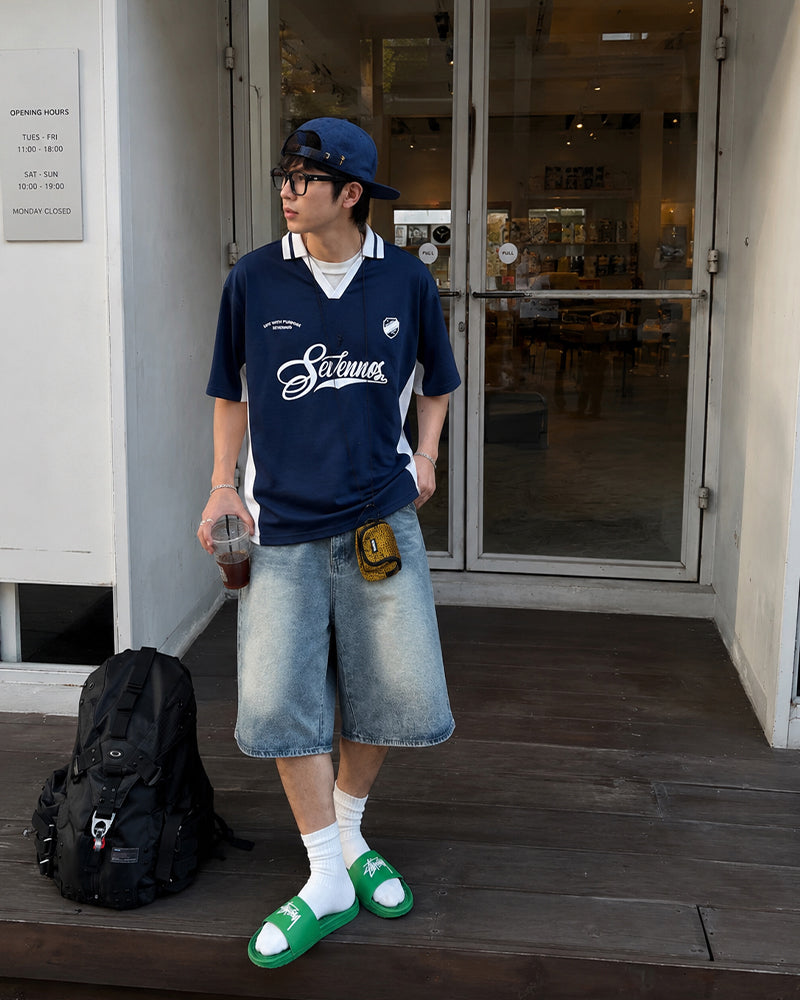 Contrast color stitching polo short sleeves