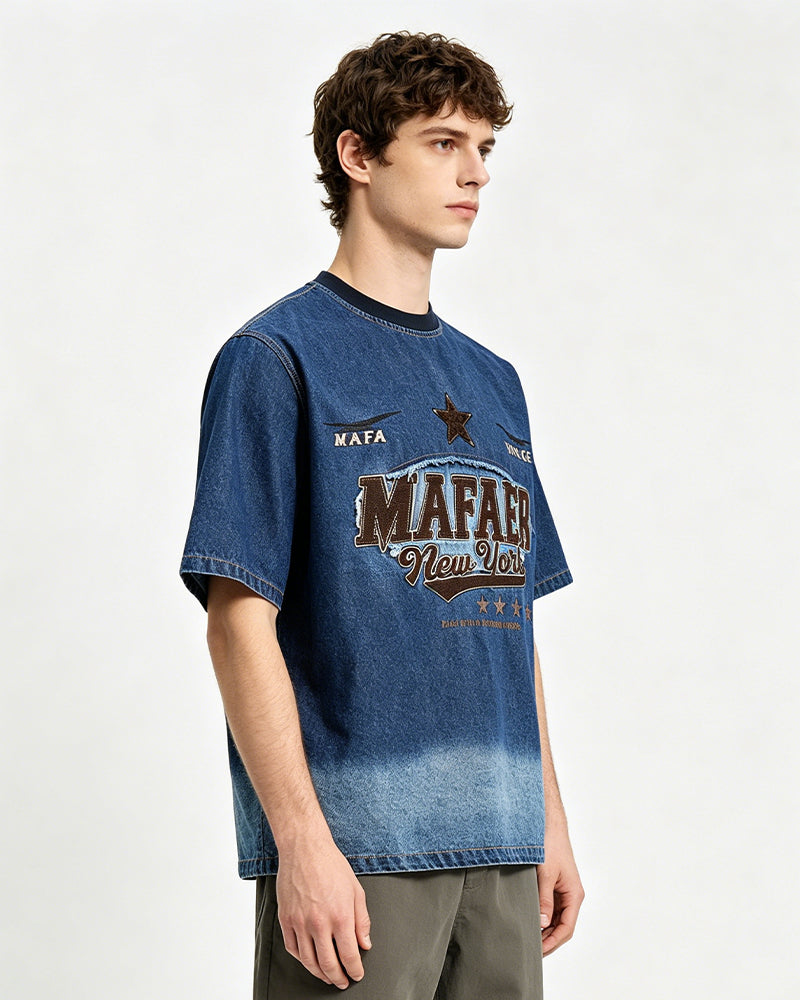 Gradient denim washed short-sleeved shirt