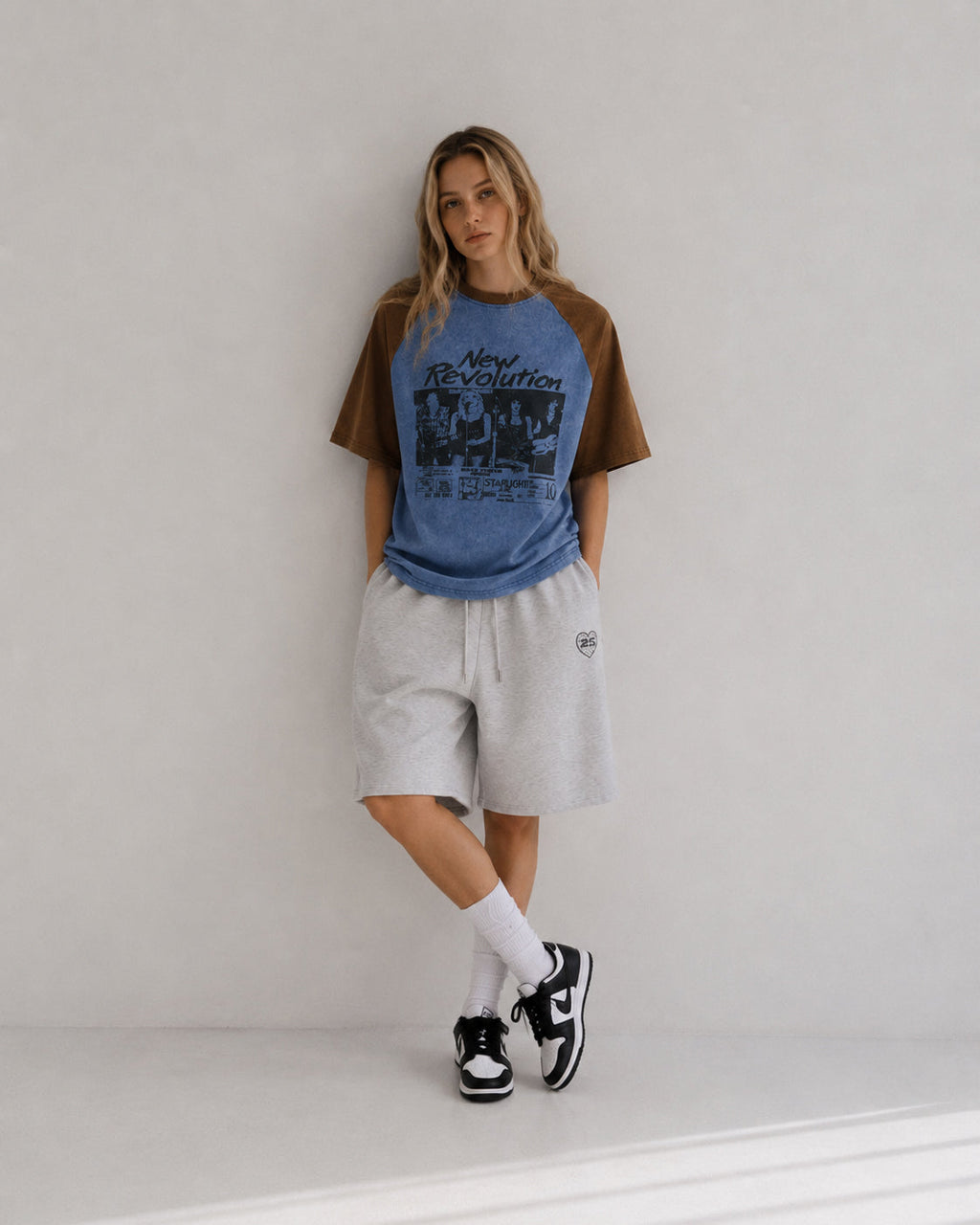 Retro color-blocked raglan sleeve short sleeve