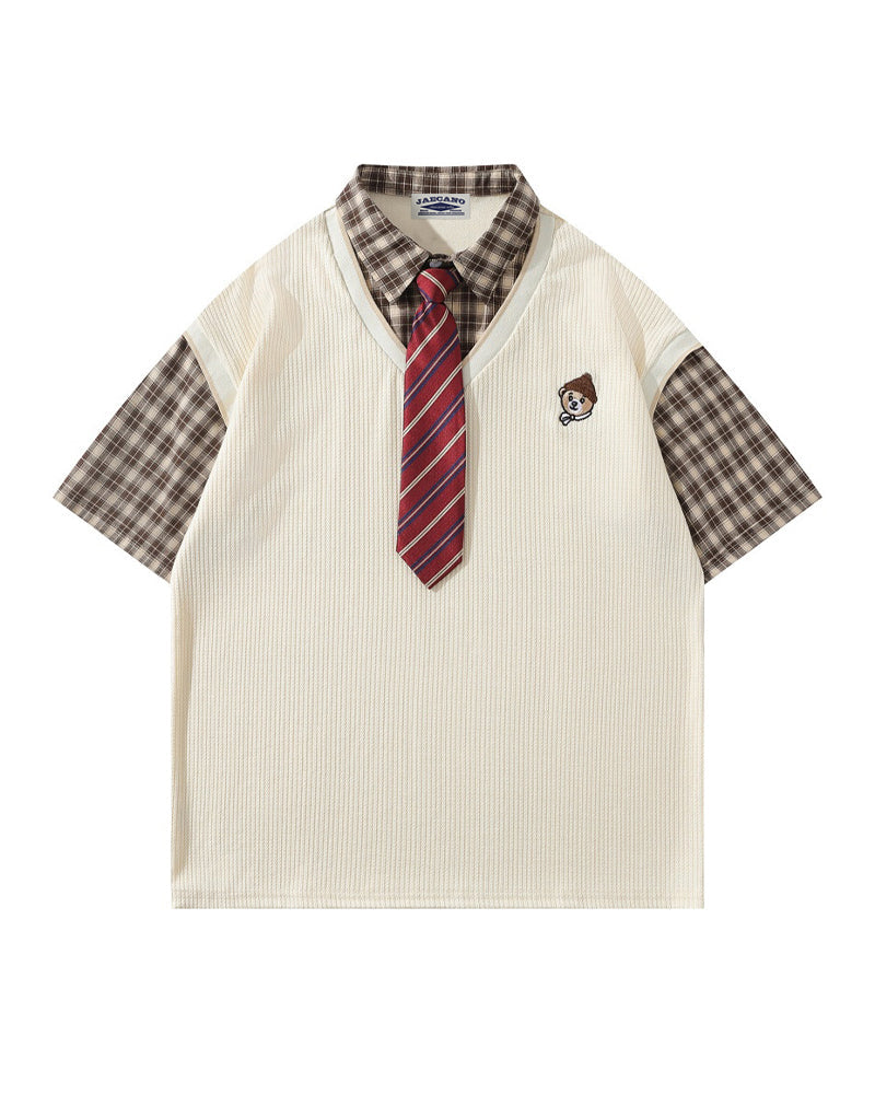 Faux two-piece spliced short-sleeved shirt