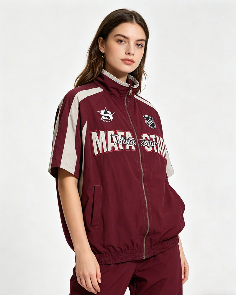 American retro patchwork sports short-sleeved jacket