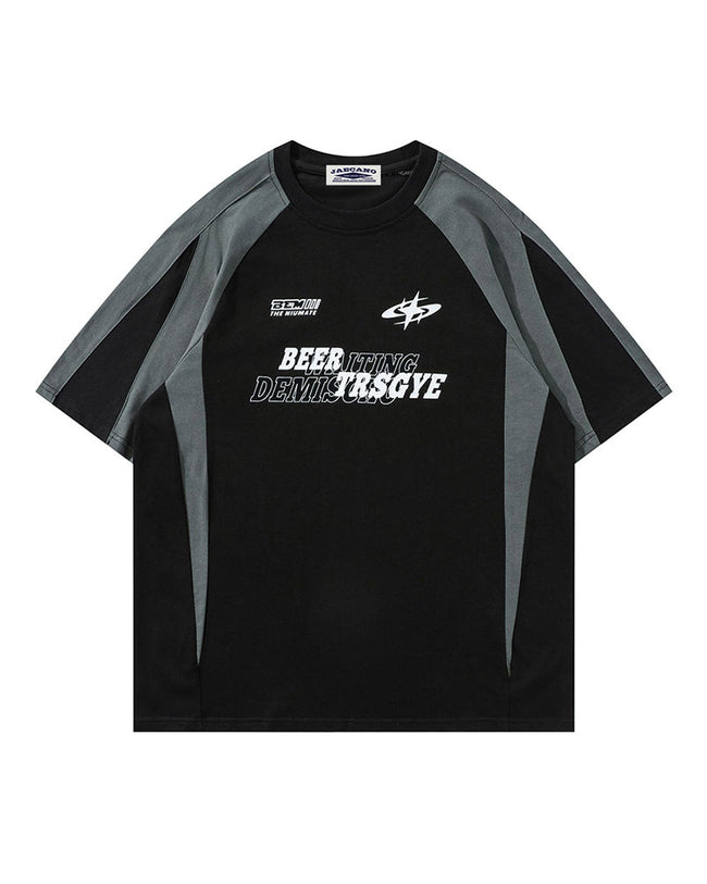 Retro stitching contrast color loose short sleeves Hover Image