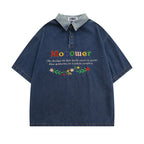 Retro floral colorful letter embroidered denim short sleeves