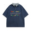 Retro floral colorful letter embroidered denim short sleeves
