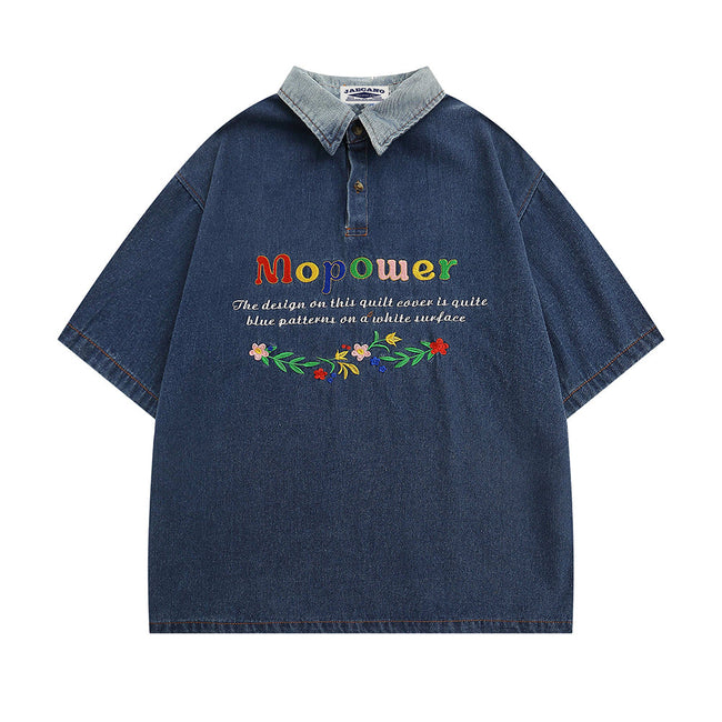 Retro floral colorful letter embroidered denim short sleeves Hover Image