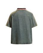 Distressed denim short-sleeved shirt with appliqué