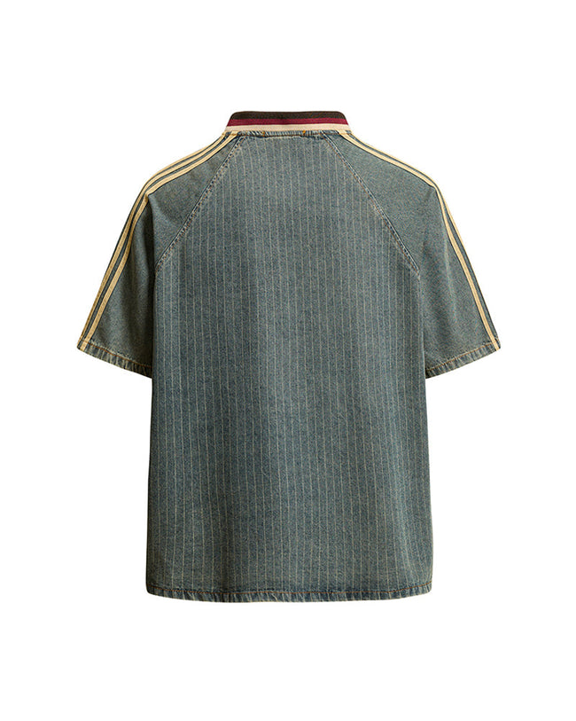 Distressed denim short-sleeved shirt with appliqué Main Image