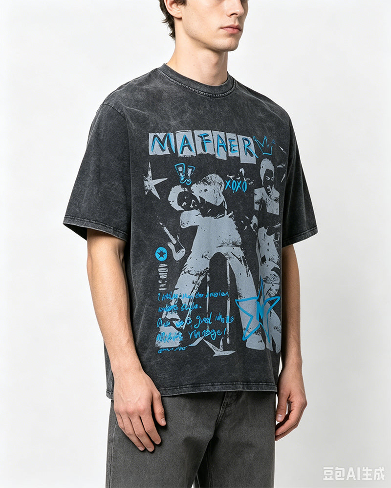 Vintage washed distressed short-sleeved shirt