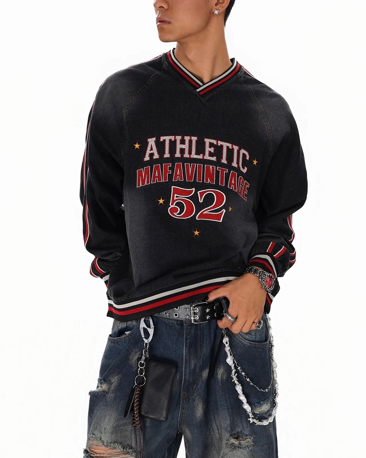 Vintage washed embroidered denim sweatshirt