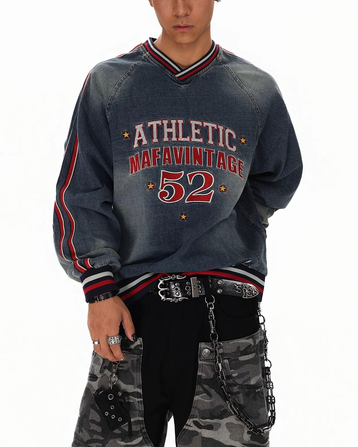 Vintage washed embroidered denim sweatshirt