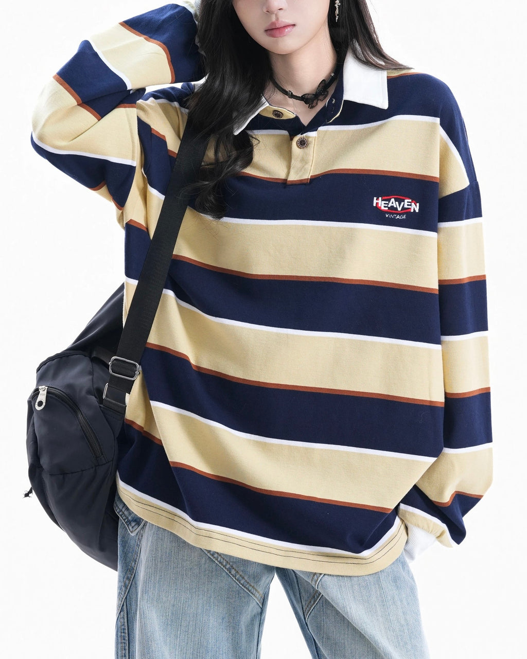 Striped contrast lapel sweatshirt