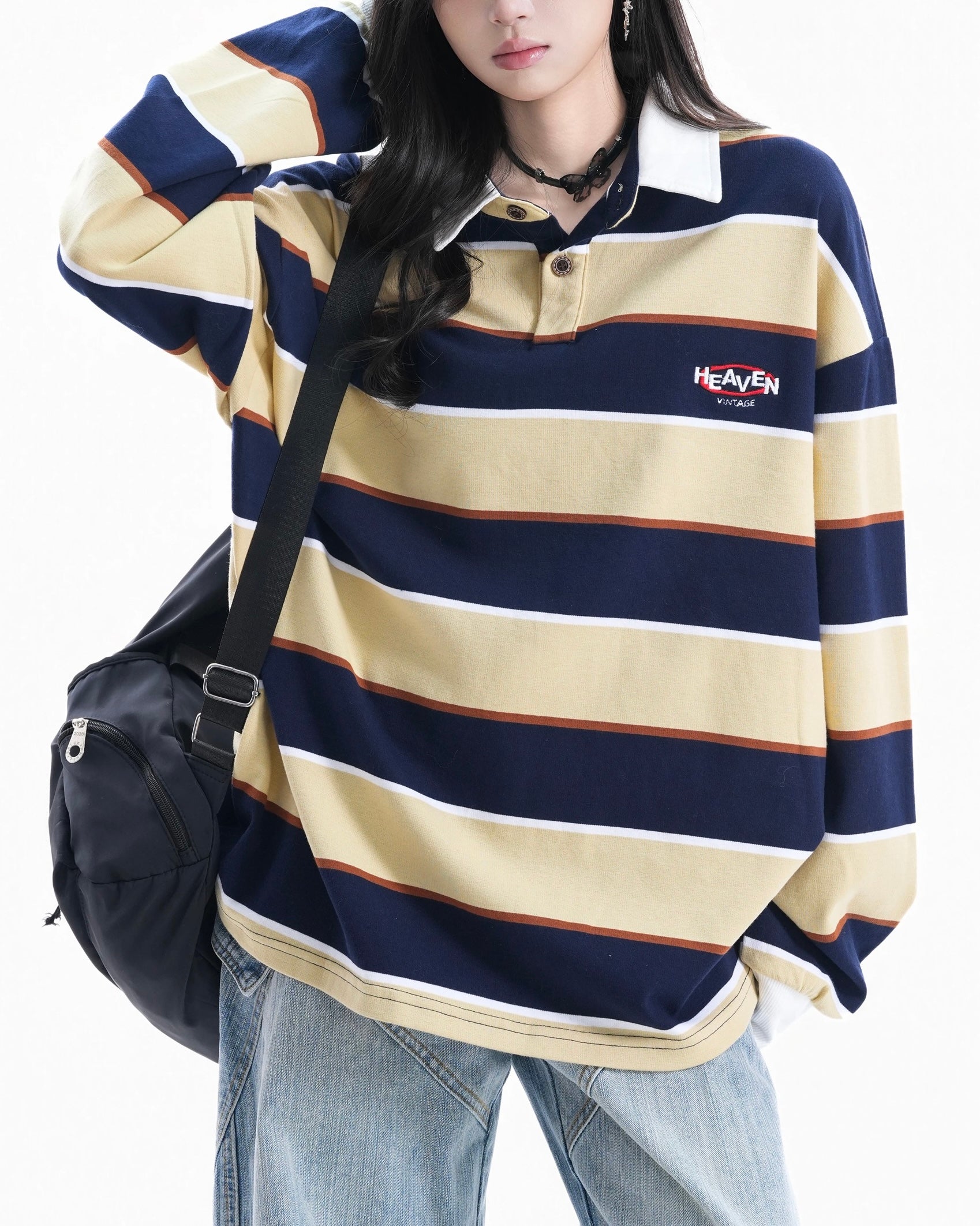 Striped contrast lapel sweatshirt