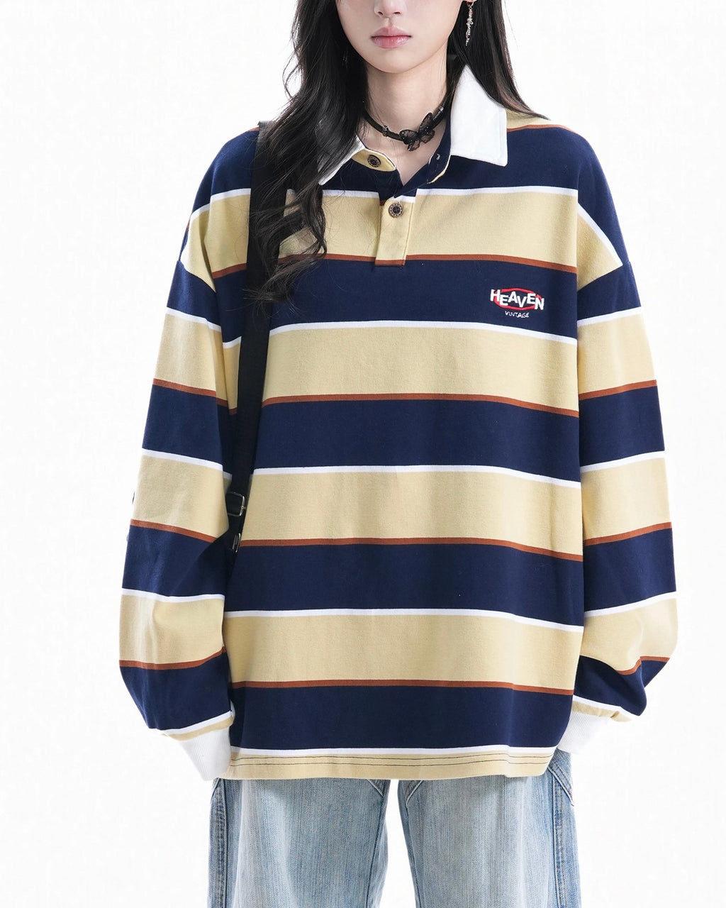 Striped contrast lapel sweatshirt