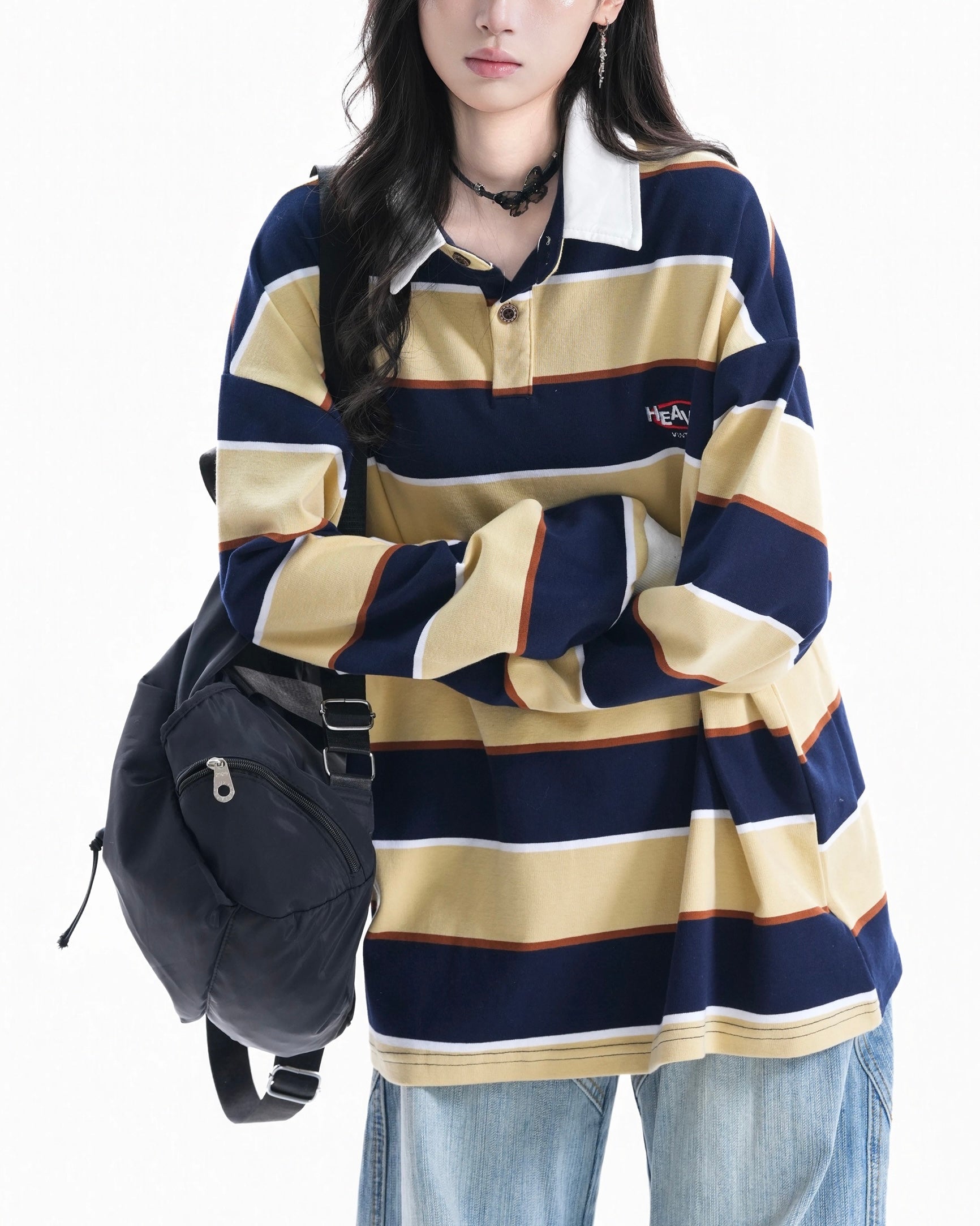 Striped contrast lapel sweatshirt