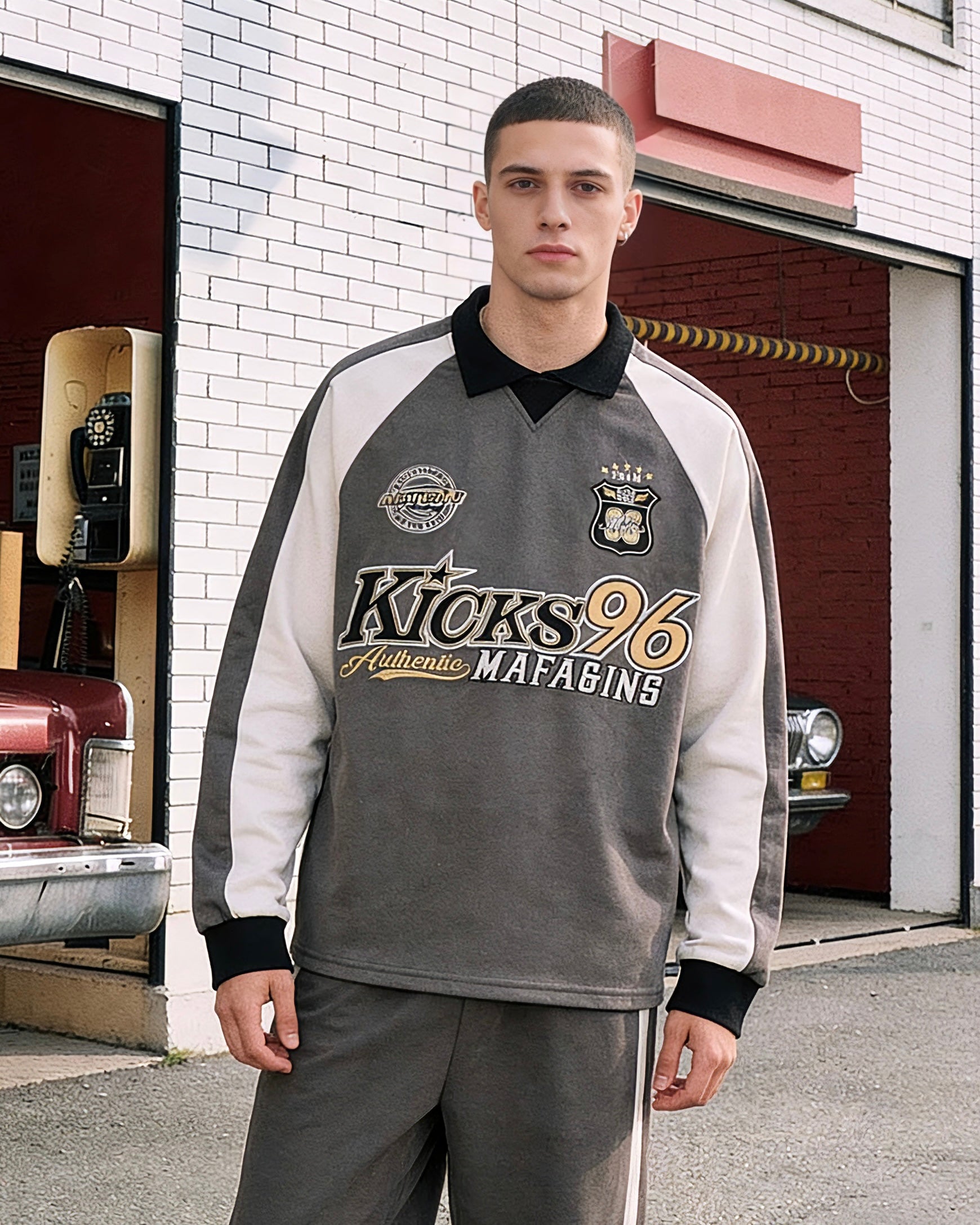 Contrast color lettering long-sleeved sweatshirt