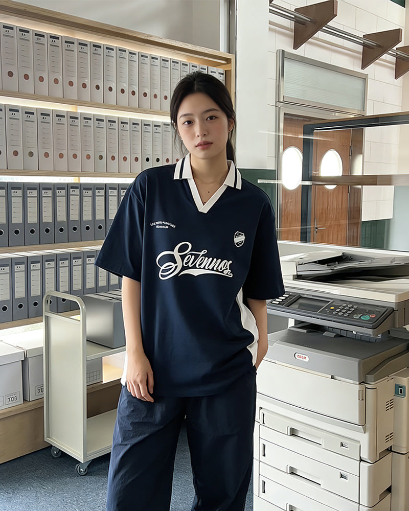 Contrast color stitching polo short sleeves