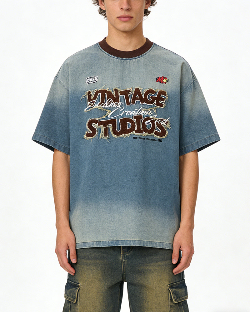 Washed denim short sleeves