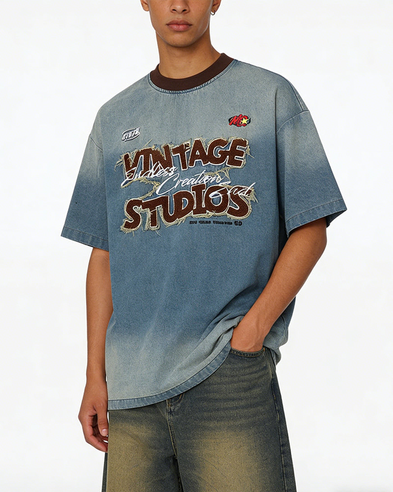 Washed denim short sleeves