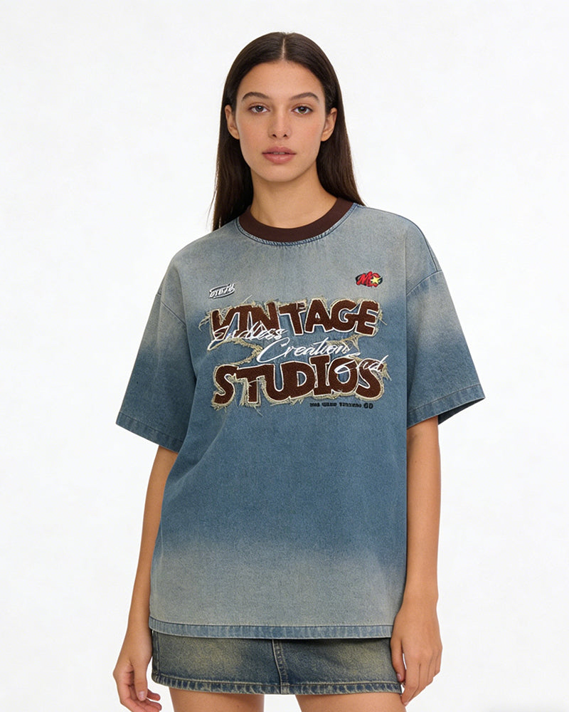 Washed denim short sleeves