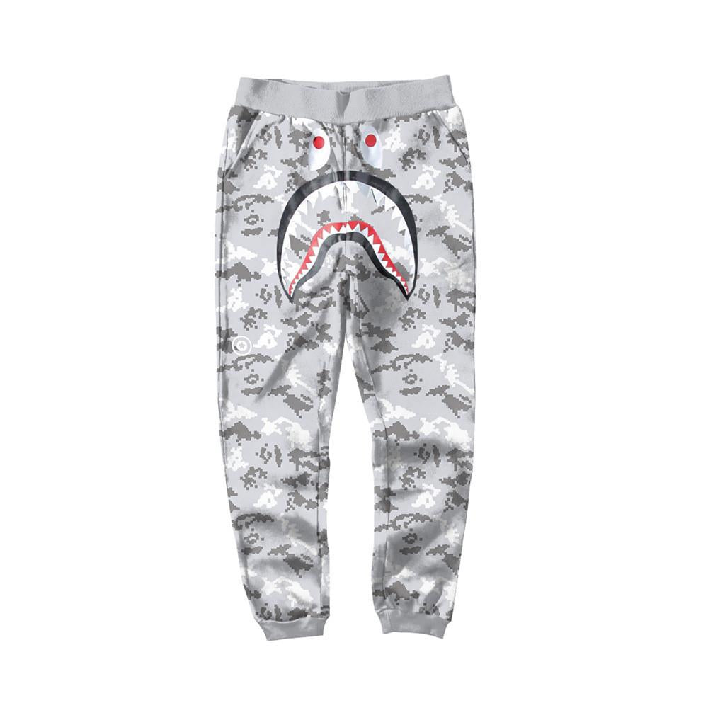 BAPE Silver Grey Camo Shark Face Graphic Jogger Pants Unisex Streetwear Sweatpants