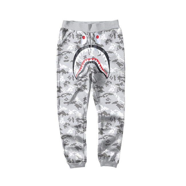 BAPE Silver Grey Camo Shark Face Graphic Jogger Pants Unisex Streetwear Sweatpants Main Image