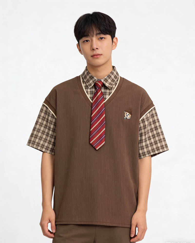 Faux two-piece spliced short-sleeved shirt