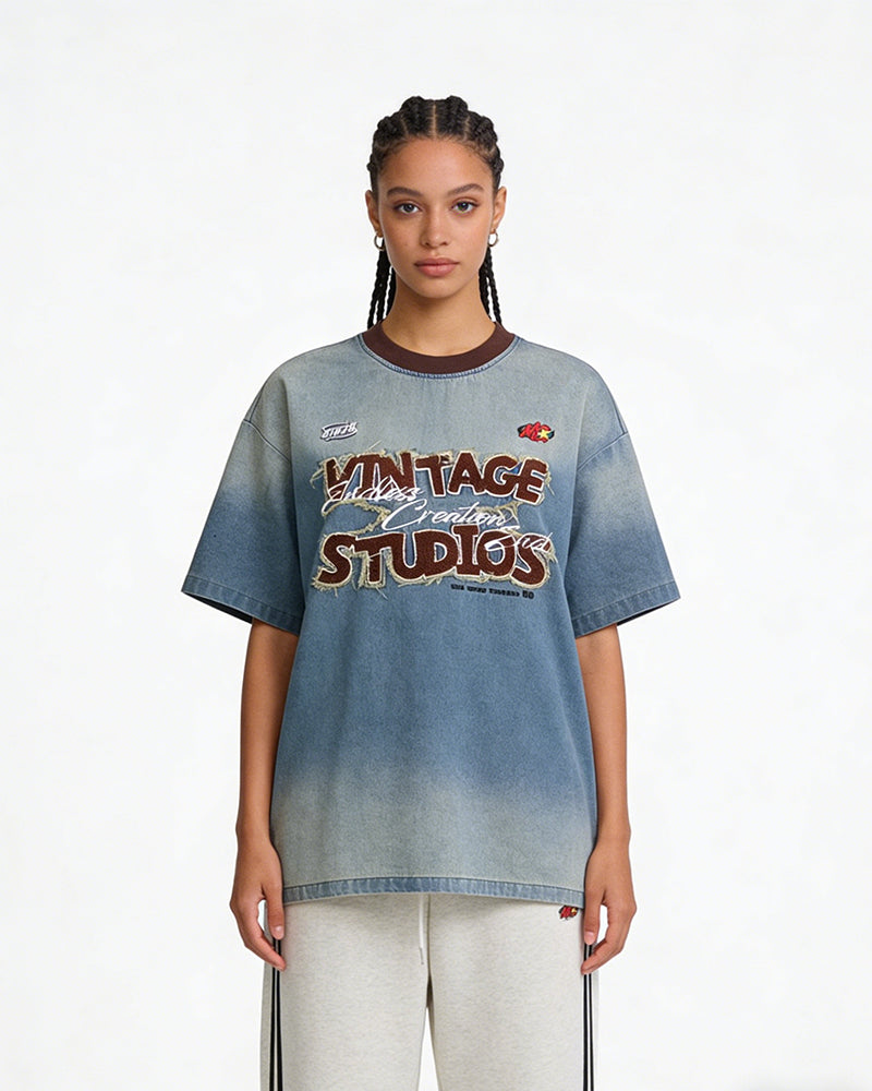 Washed denim short sleeves