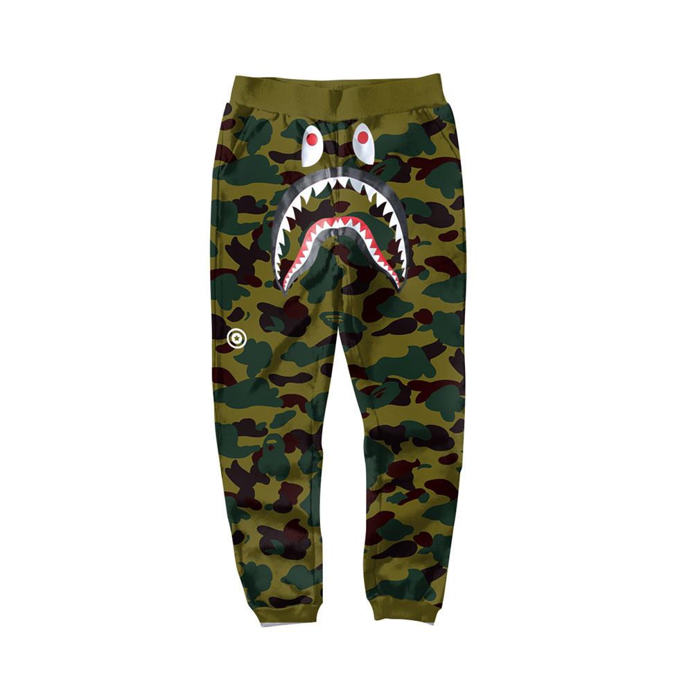 BAPE Army Green Camo Shark Face Graphic Jogger Pants Unisex Streetwear Sweatpants
