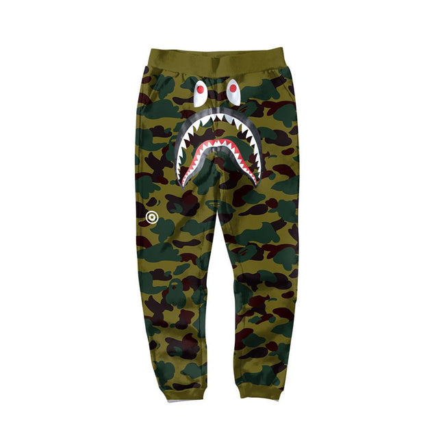 BAPE Army Green Camo Shark Face Graphic Jogger Pants Unisex Streetwear Sweatpants Main Image