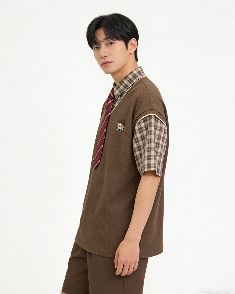Faux two-piece spliced short-sleeved shirt