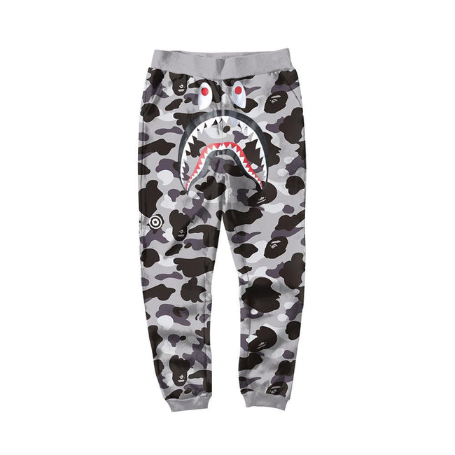 BAPE Black Grey Camo Shark Face Graphic Jogger Pants Unisex Streetwear Sweatpants Main Image
