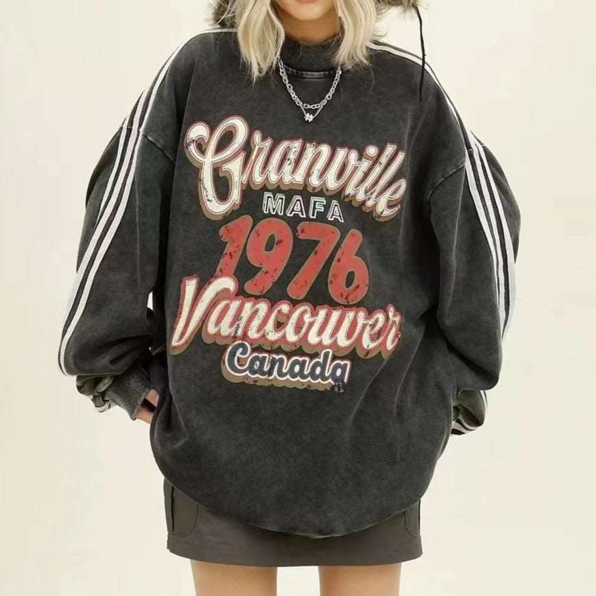 Retro distressed round neck sweatshirt