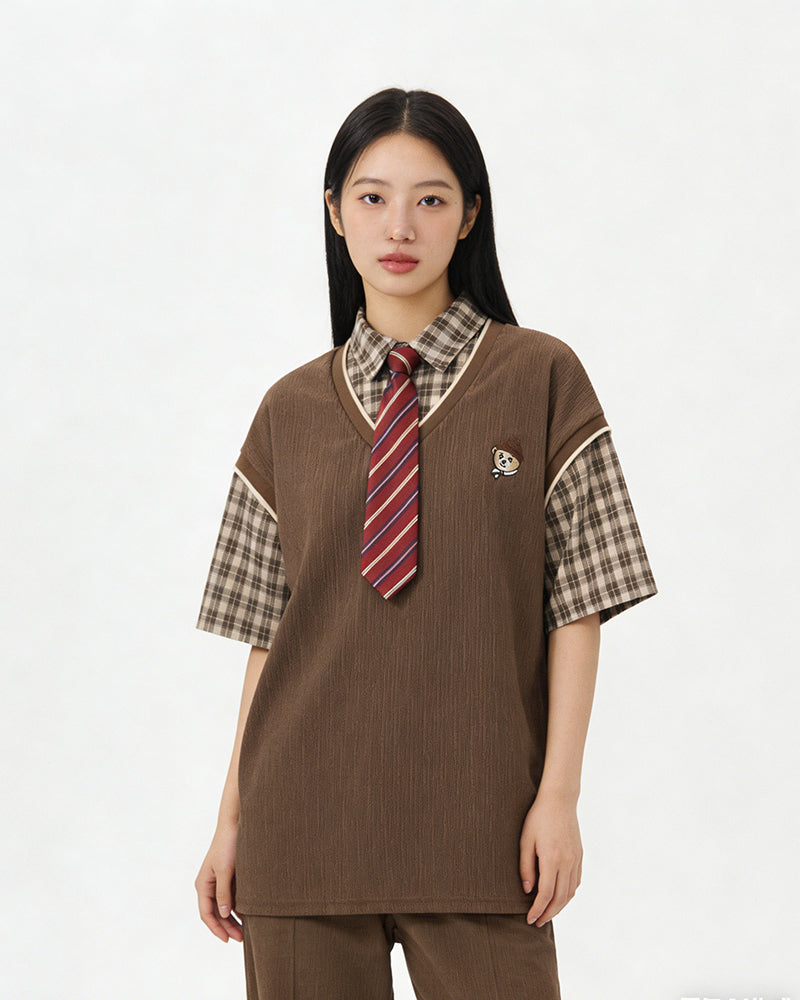 Faux two-piece spliced short-sleeved shirt