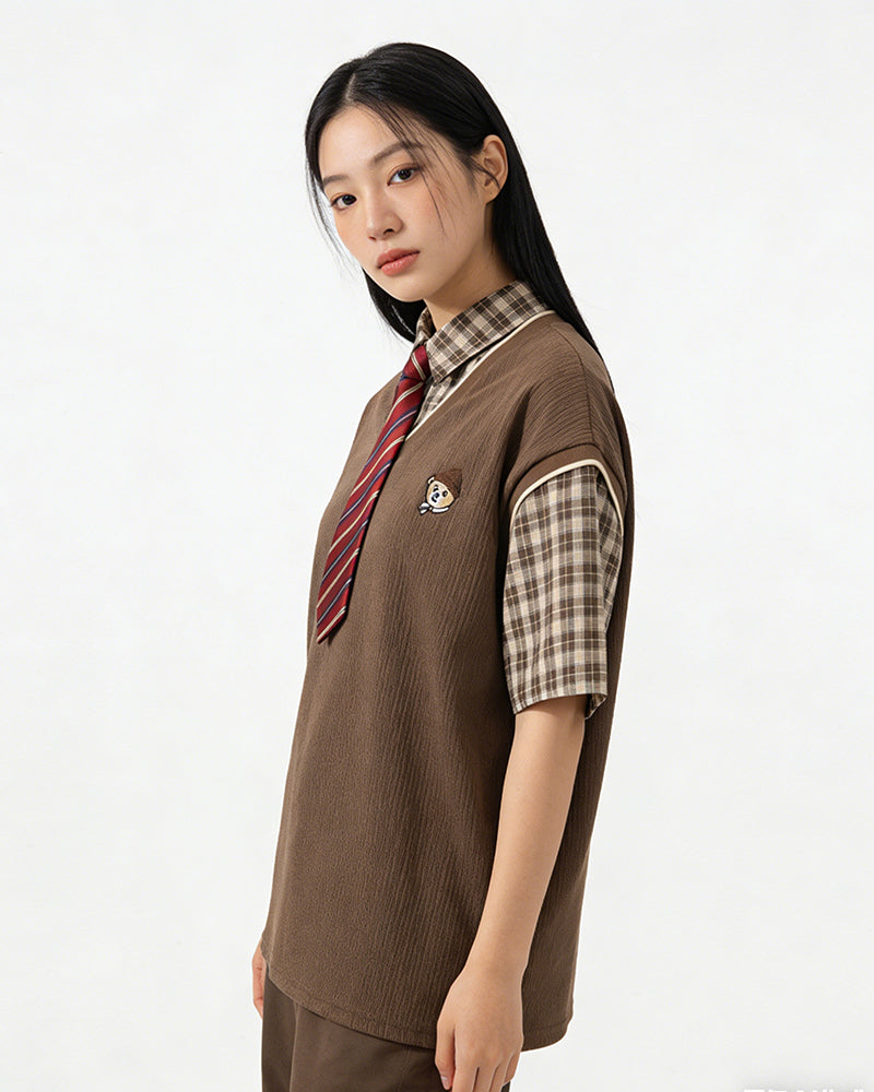 Faux two-piece spliced short-sleeved shirt