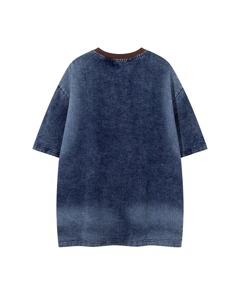 Appliqué Embroidered Denim Short-Sleeve T-Shirt