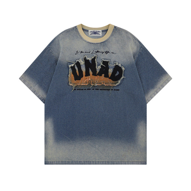 Distressed washed denim short sleeves Hover Image
