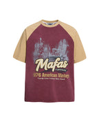Distressed print color-blocked short-sleeved shirt