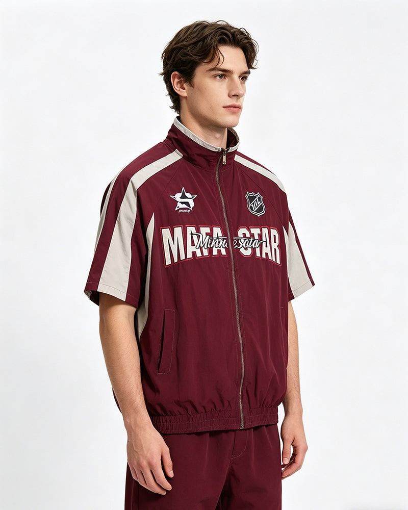American retro patchwork sports short-sleeved jacket