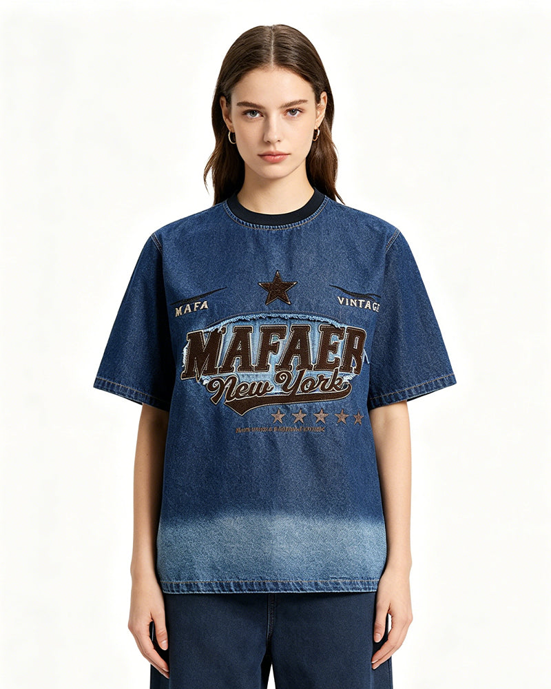 Gradient denim washed short-sleeved shirt