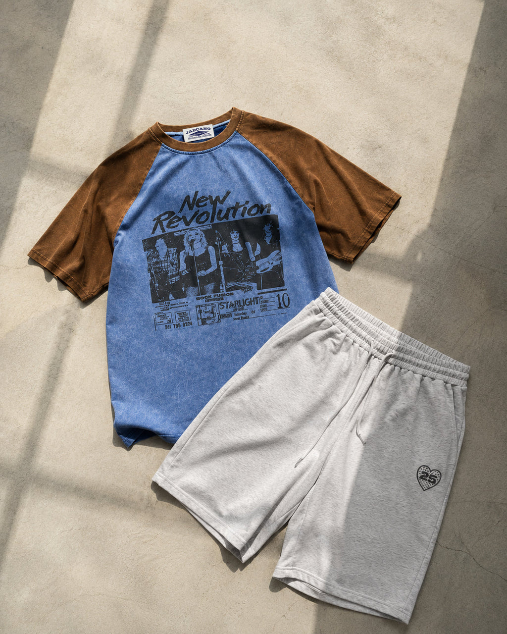 Retro color-blocked raglan sleeve short sleeve