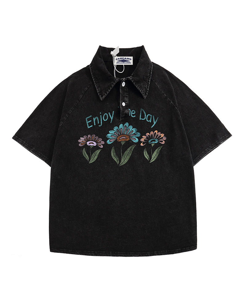 American washed distressed floral lapel short sleeves